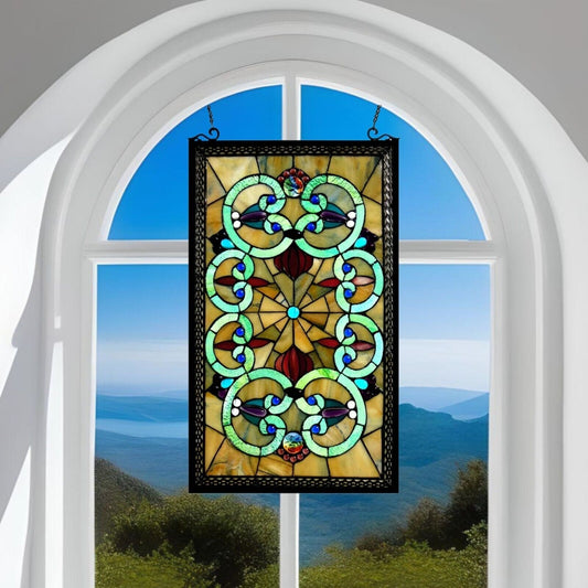 Stained Glass Suncatcher Hanging Window Panel - Victorian Design 17x28in