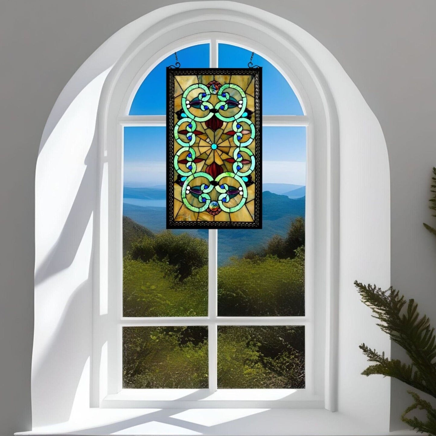 Stained Glass Suncatcher Hanging Window Panel - Victorian Design 17x28in