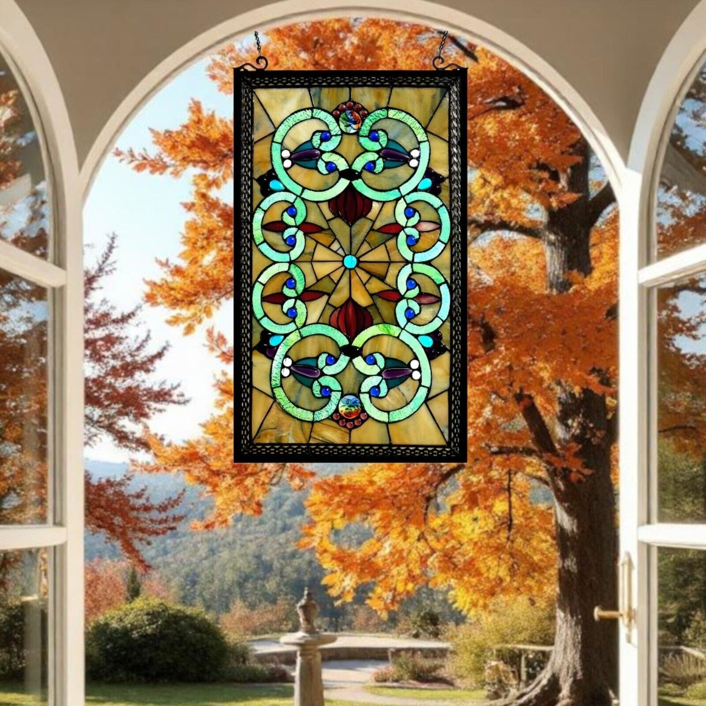 Stained Glass Suncatcher Hanging Window Panel - Victorian Design 17x28in