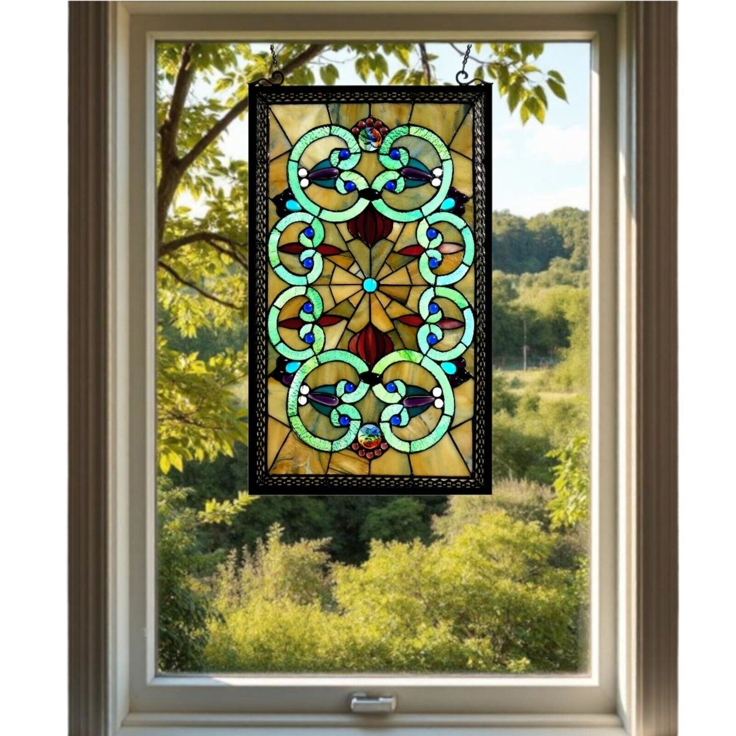 Stained Glass Suncatcher Hanging Window Panel - Victorian Design 17x28in