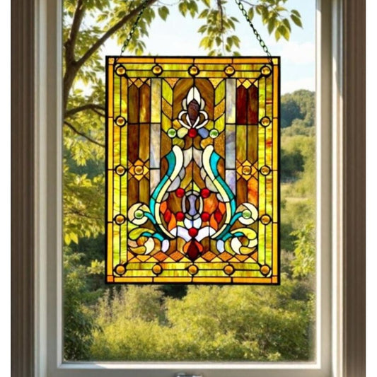 Tiffany Style Fleur de Lis Stained Glass Panel Handcrafted 289 Pieces - 25x19in