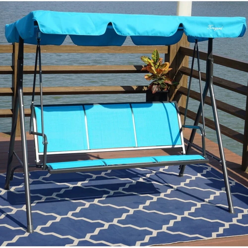 Stylish Aqua Blue 3-person Patio Porch Swing with Adjustable Tilt Canopy Top