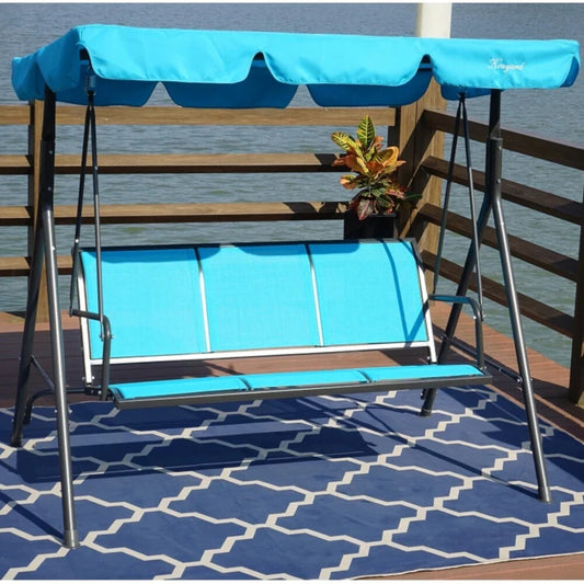 Stylish Aqua Blue 3-person Patio Porch Swing with Adjustable Tilt Canopy Top