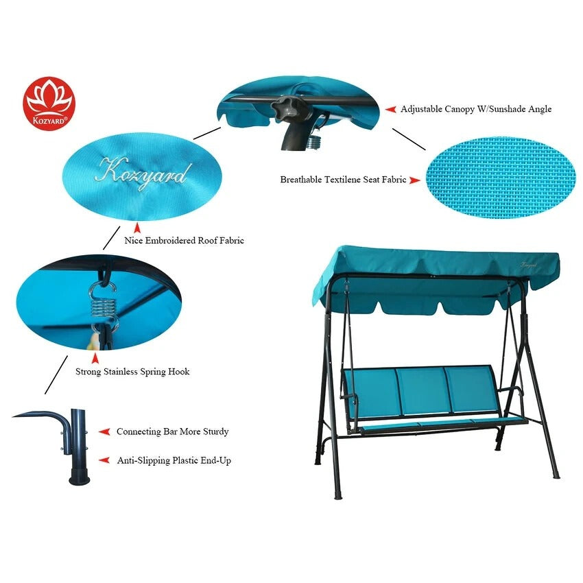 Stylish Aqua Blue 3-person Patio Porch Swing with Adjustable Tilt Canopy Top