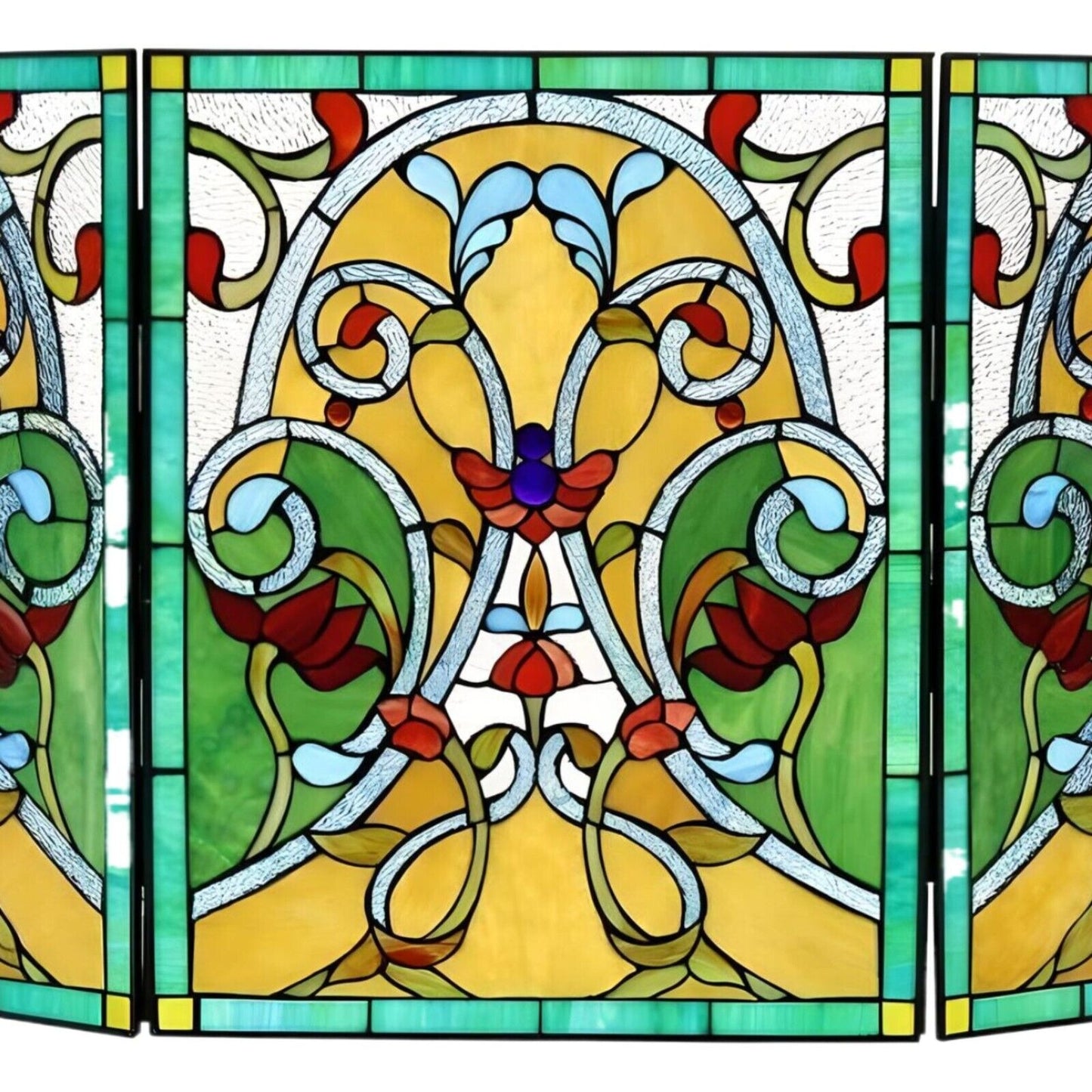 Tiffany Style Stained Glass Victorian Fireplace Screen in Green and Amber