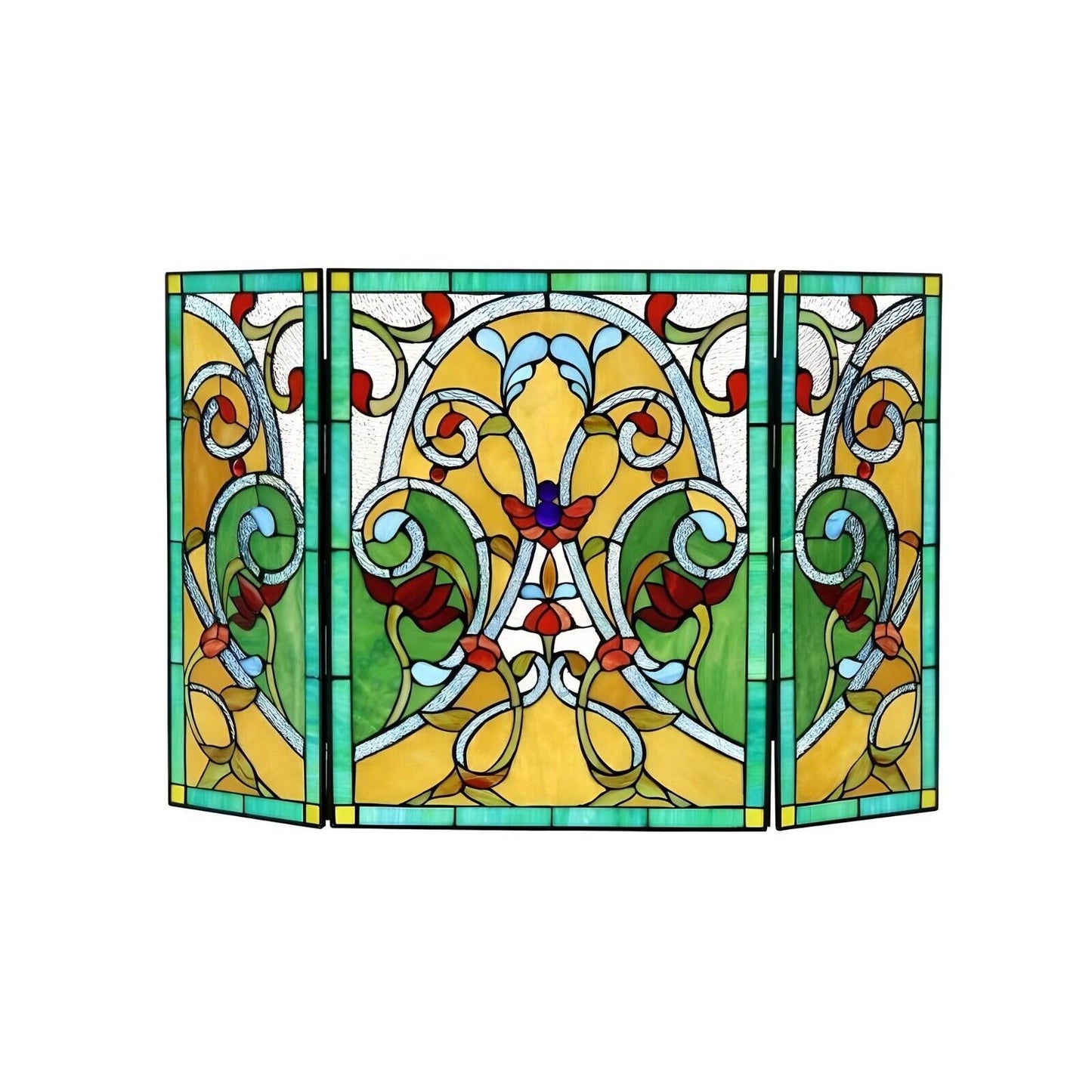 Tiffany Style Stained Glass Victorian Fireplace Screen in Green and Amber