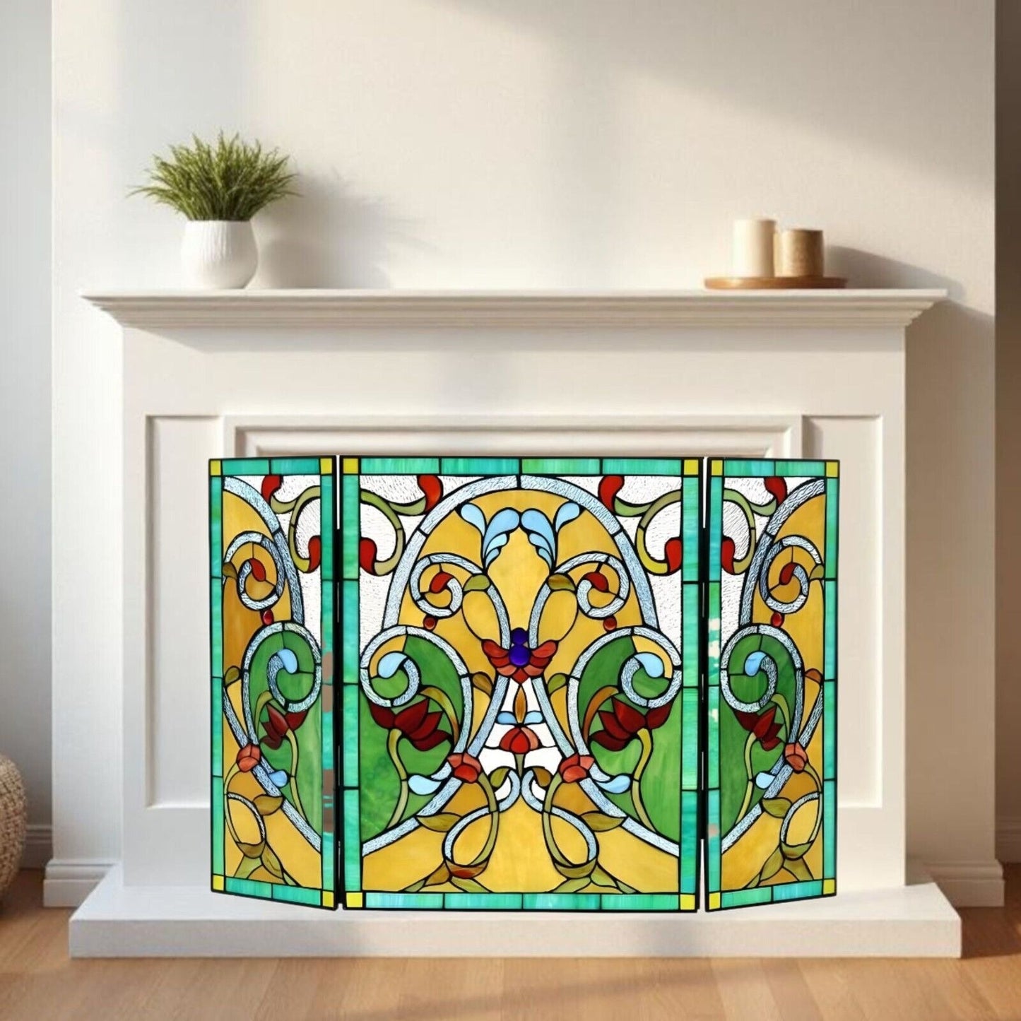 Tiffany Style Stained Glass Victorian Fireplace Screen in Green and Amber