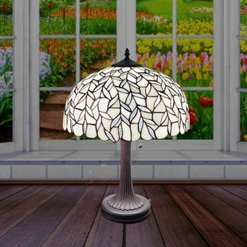 White Jeweled Tiffany Style Stained Glass Table Lamp - Illuminated Elegance 24in