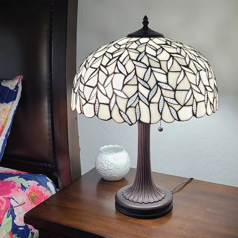 White Jeweled Tiffany Style Stained Glass Table Lamp - Illuminated Elegance 24in