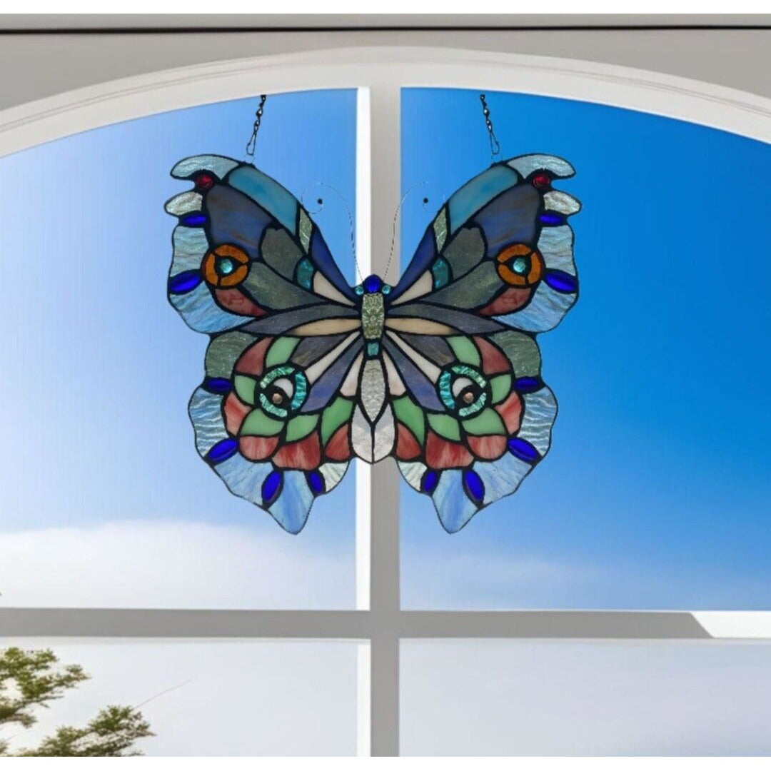 Stained Glass Butterfly Suncatcher Artisan Window Panel Masterpiece 12x12in