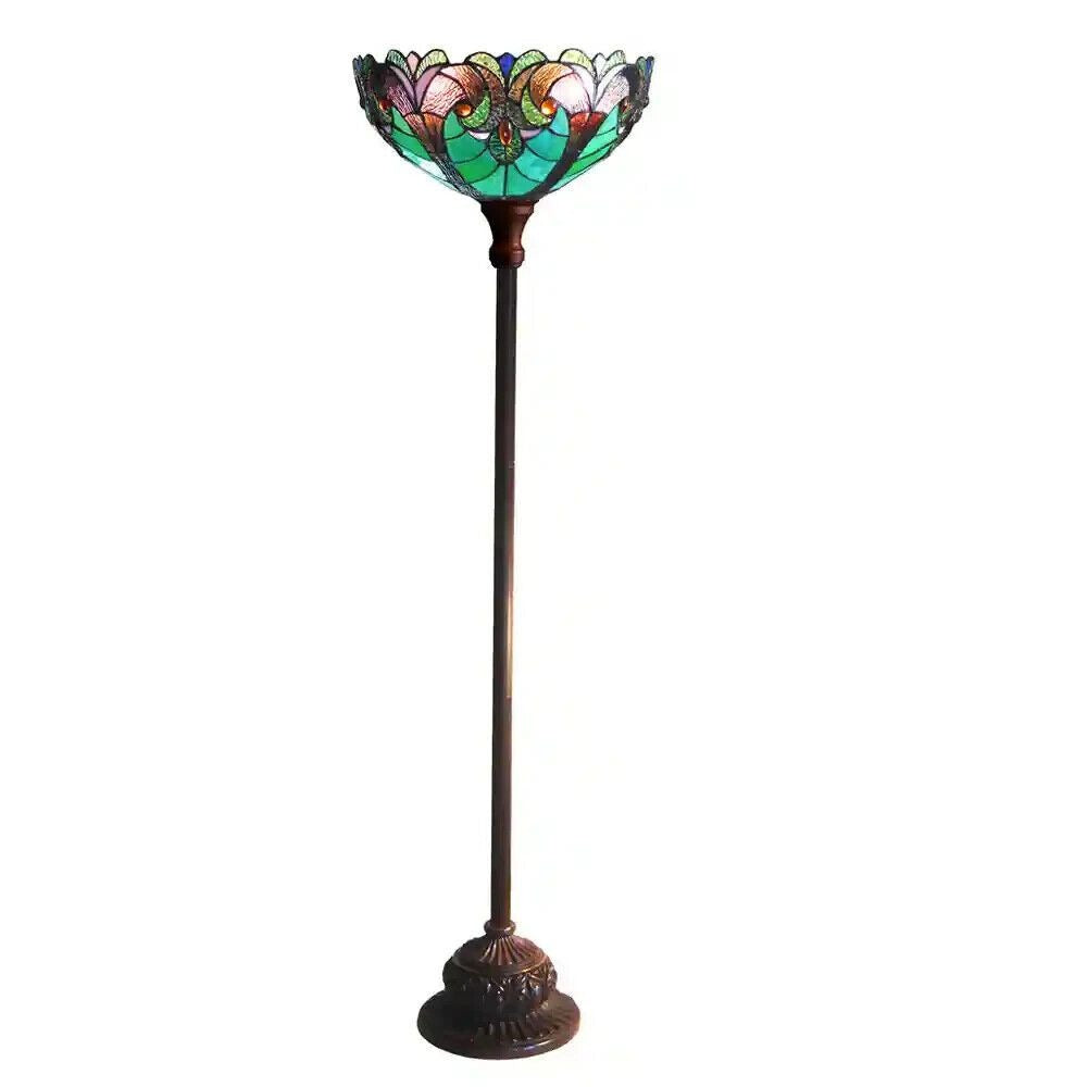 Tiffany Style Victorian Stained Glass Floor Torchiere Lamp - Green, Hand-Crafted