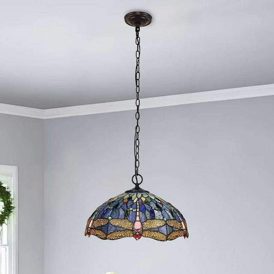 Blue Dragonfly Design Hanging Pendant Ceiling Light Tiffany Style Stained Glass