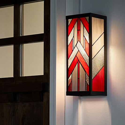 Outdoor Wall Sconce Red Stained Glass and Black Satin Rectangular 16in