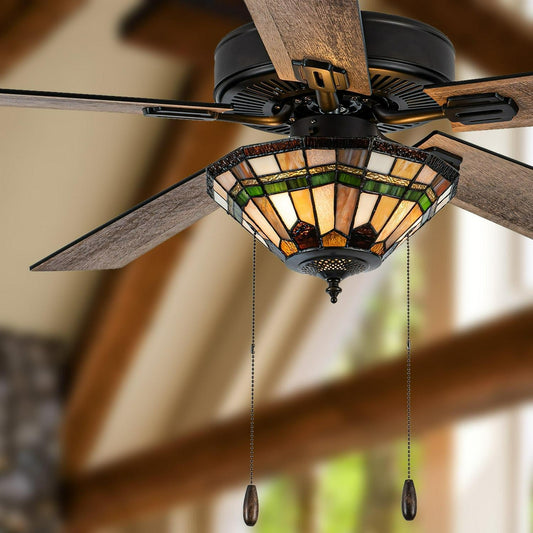 Ceiling Fan Amber and Green Stained Glass Oil-Rubbed Bronze 52in 3-Light