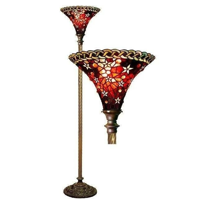 Tiffany Style Vintage Reading Floor Lamp Torchiere Star Red Stained Glass