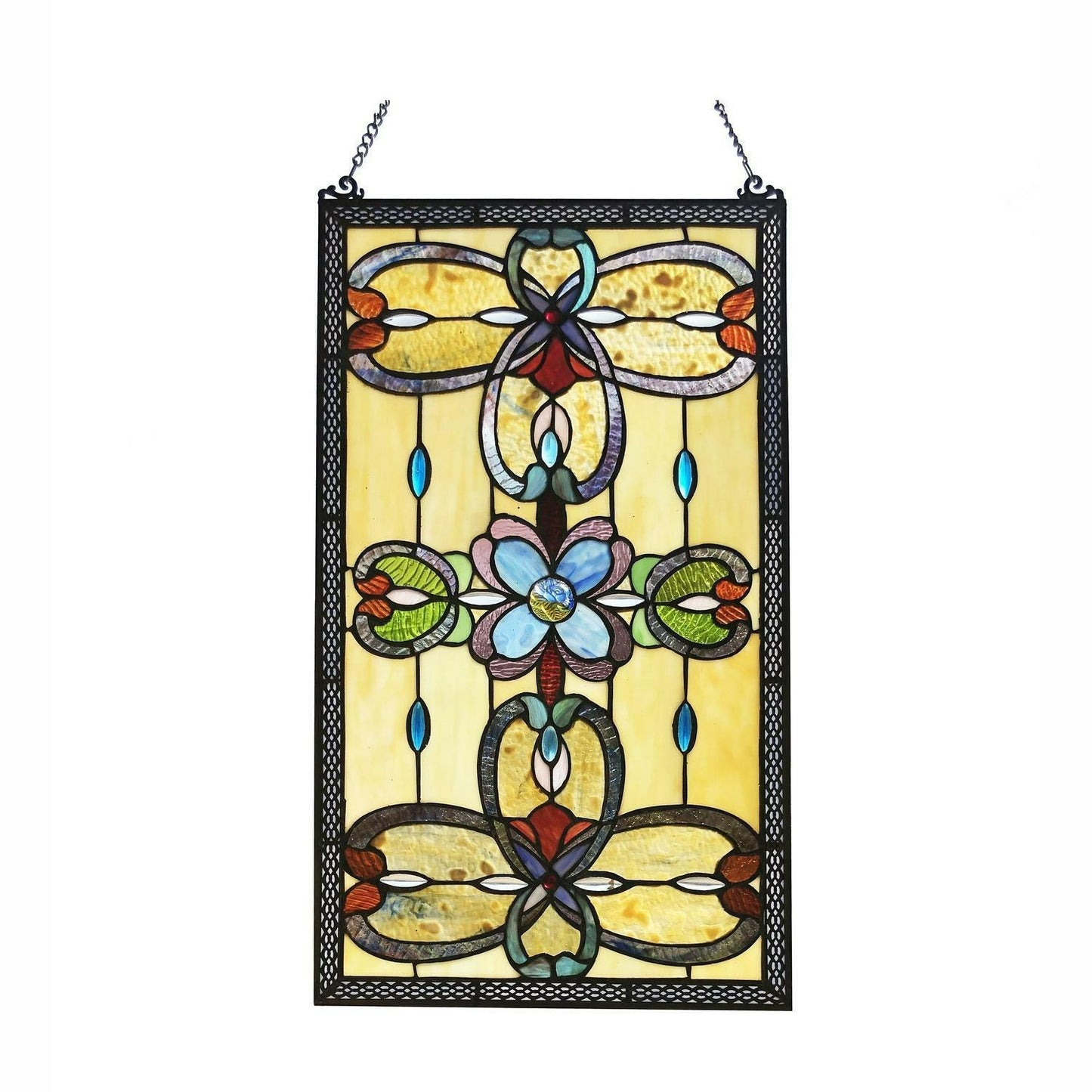 Amber Tiffany Style Stained Glass Window Panel Suncatcher Victorian Theme 26x15