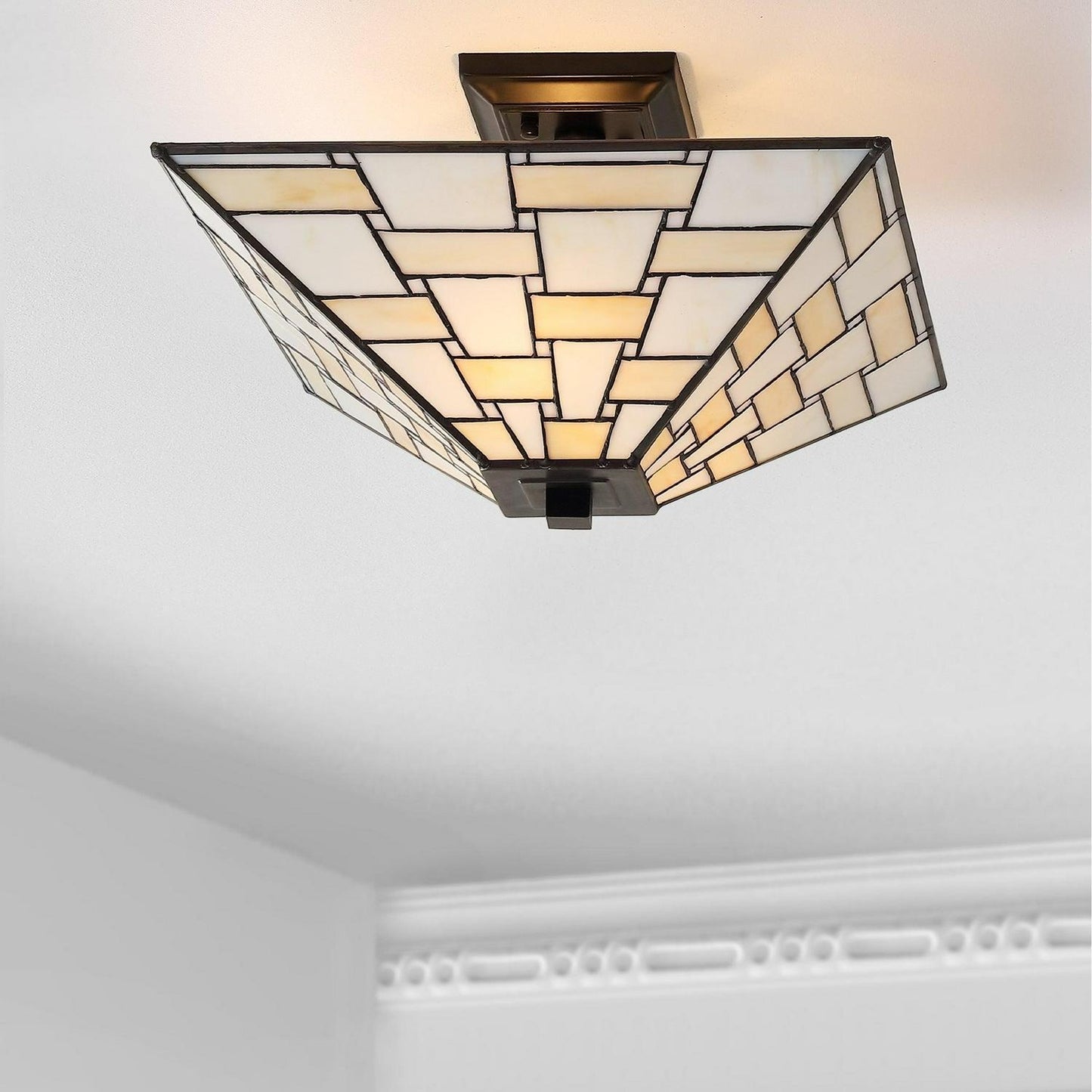 Mission Style Stained Glass Semi Flush Mount Ceiling Light in Creme Color