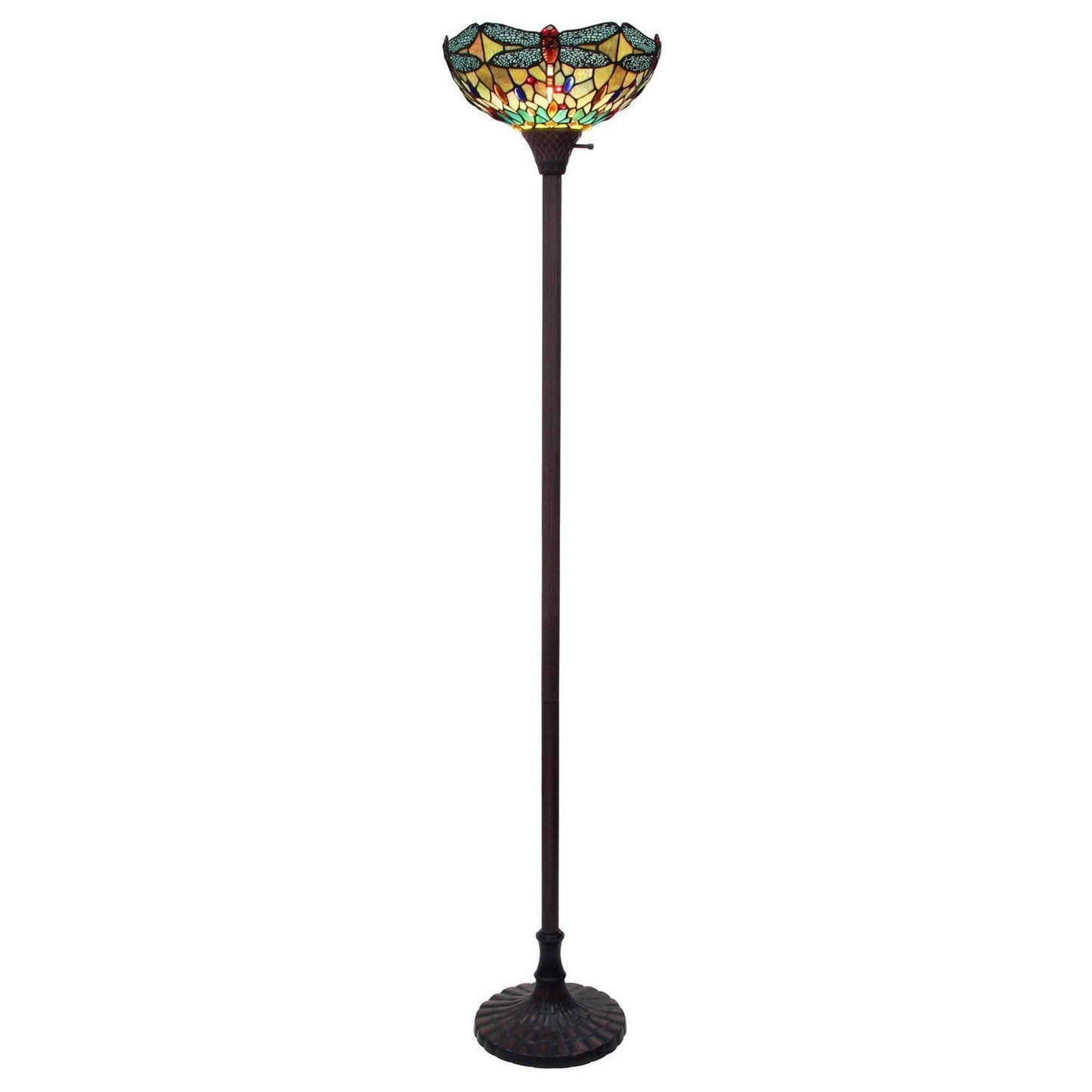 Yellow Torchiere Floor Lamp Stained Glass Tiffany Style Dragonfly Design