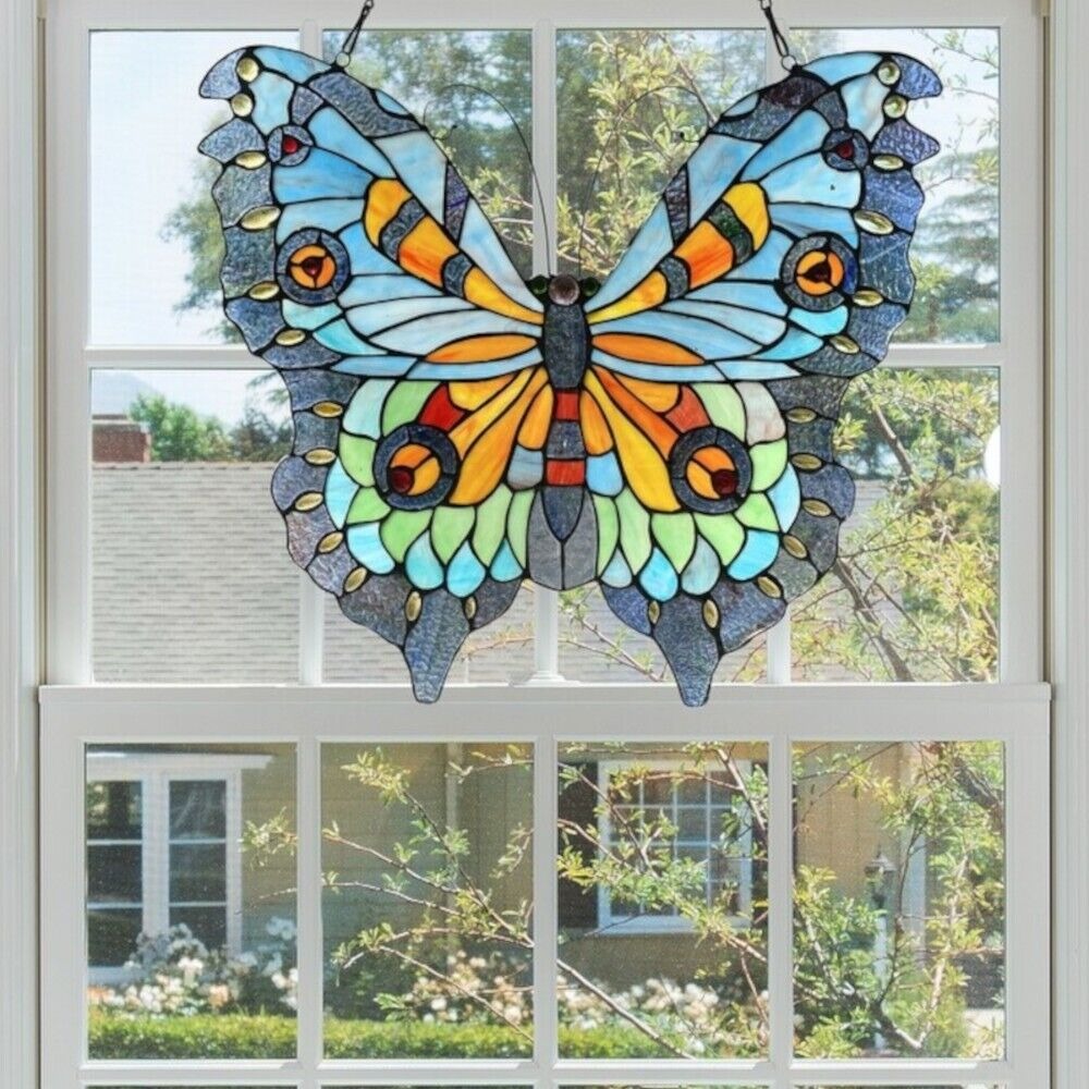 Stained Glass Tiffany Style Butterfly Design Window Panel Suncatcher 21x20in