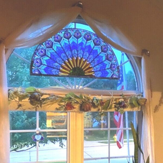 Tiffany Style Stained Glass Peacock Semi Circle Window Panel Suncatcher 35x18in