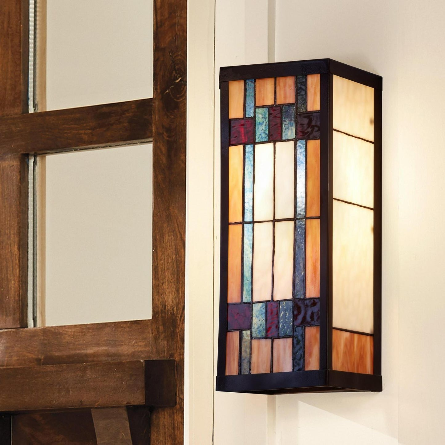 Outdoor Wall Sconce Porch Light Multicolor Stained Glass and Black Satin 16in