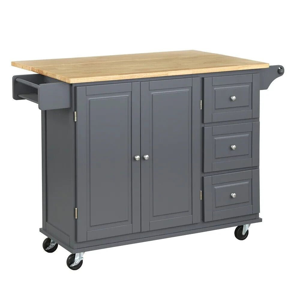 Charcoal Gray Kitchen Cart Rolling Island Cabinet - Natural Finish Wood Top