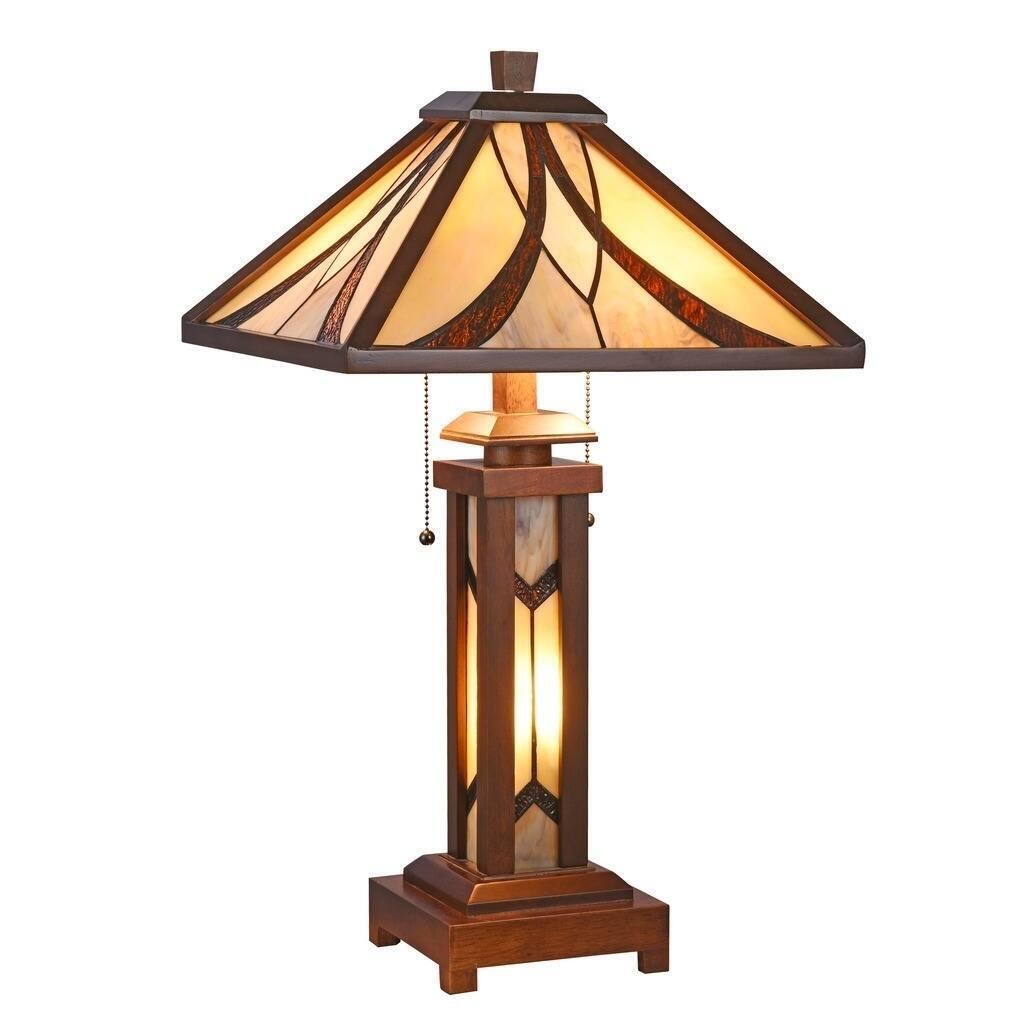 Tiffany Style Stained Glass and Walnut Fin Double Lit Table Lamp With Lit Base