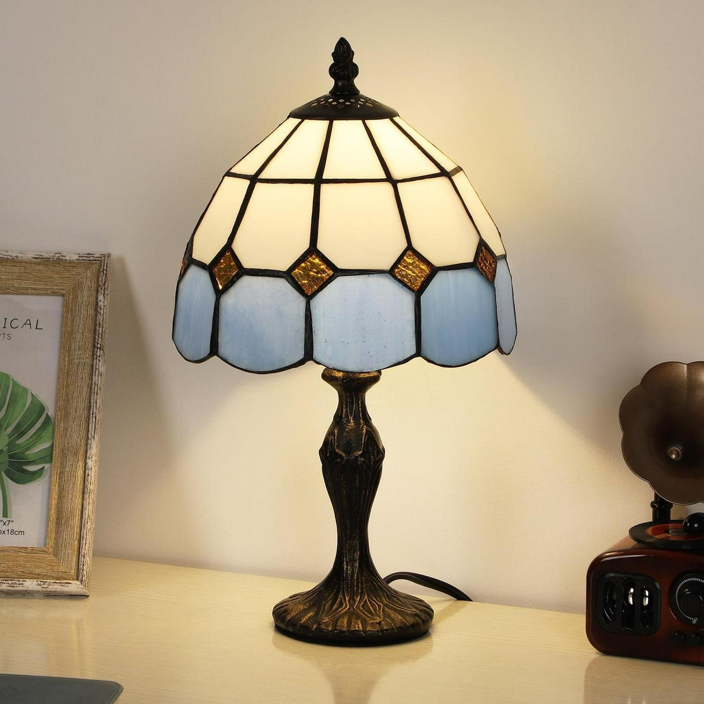 15in Mini Blue White Tiffany Style Stained Glass Accent Reading Table Lamp