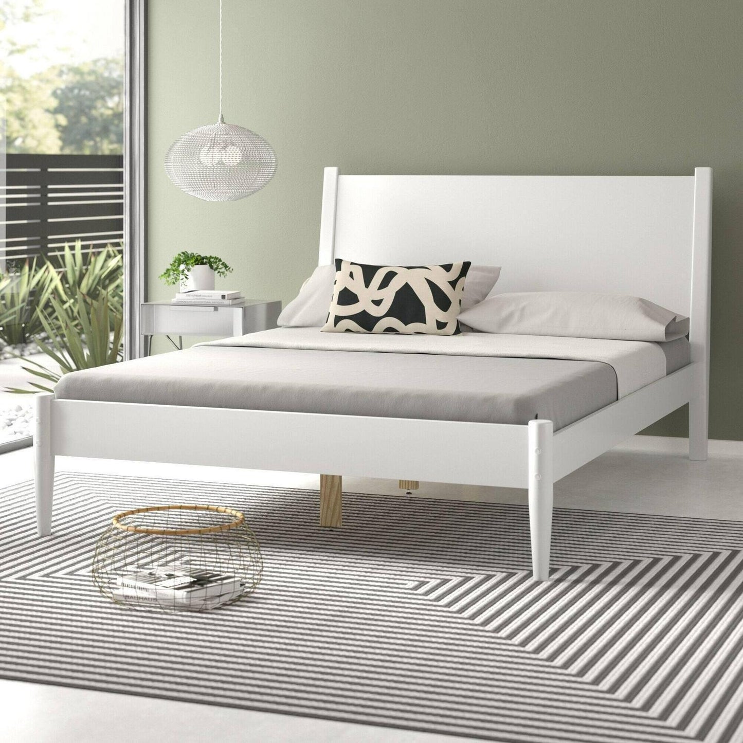 Pine Wood Mid-Century Style King Size Panel Bed in White Finish