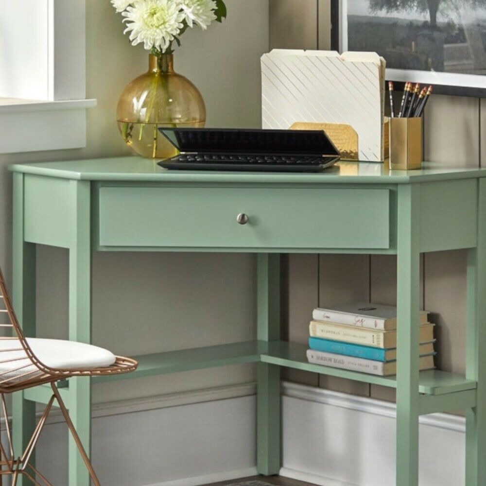 Corner Desk for Home Office Computer Study With Lower Shelf Mint Green Finish