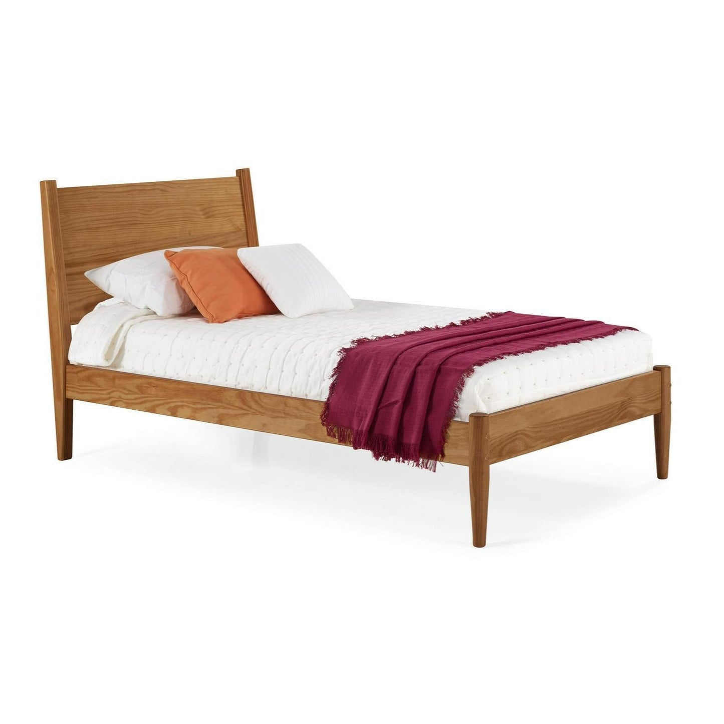 Brown Finish Pine Wood Mid-Century Style Twin Size Panel Bed