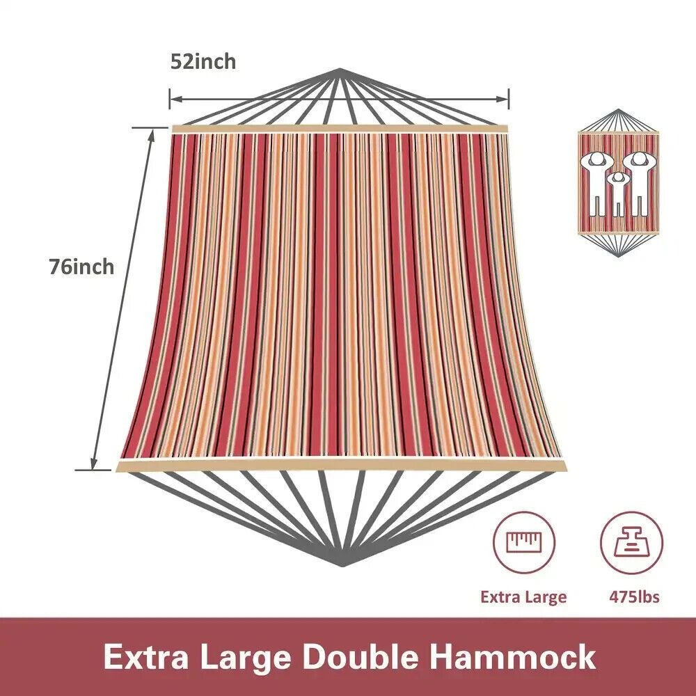 2 Person Hammock With Stand - Cotton Rope, Quilted Red Striped w/Pillow
