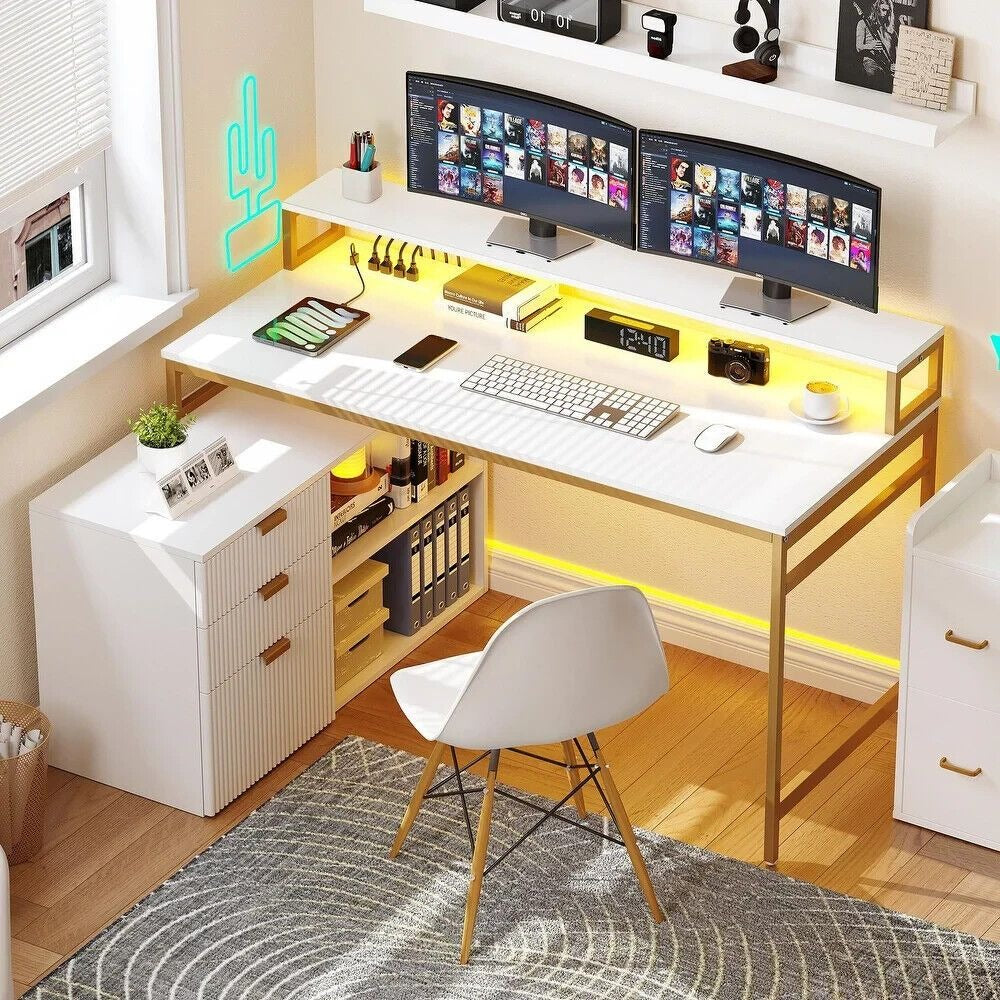 L-Shaped Computer Desk: Wireless Charge, LED Lit & File Cabinet in White & Gold