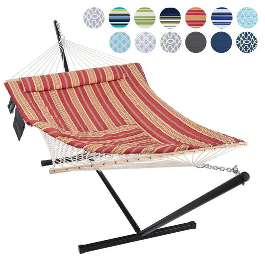 2 Person Hammock With Stand - Cotton Rope, Quilted Red Striped w/Pillow