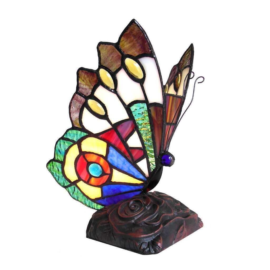 Tiffany Style Stained Glass Butterfly Accent Lamp Beige Green Red Blue