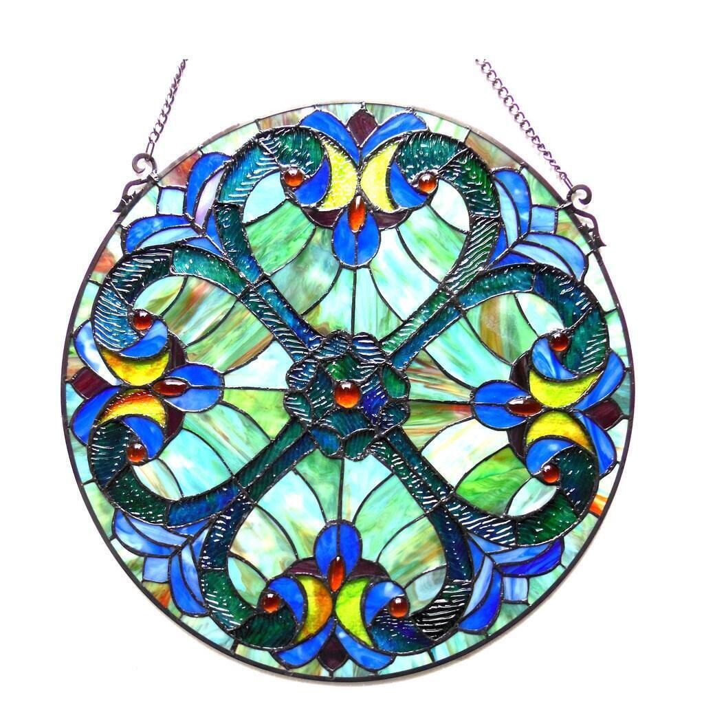 20-In Blue and Green Floral Tiffany Style Stained Glass Window Panel Suncatcher