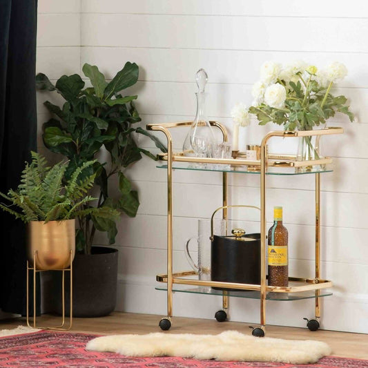 Modernist Gold Finish Metal and Glass Serving Wine and Tea Cart