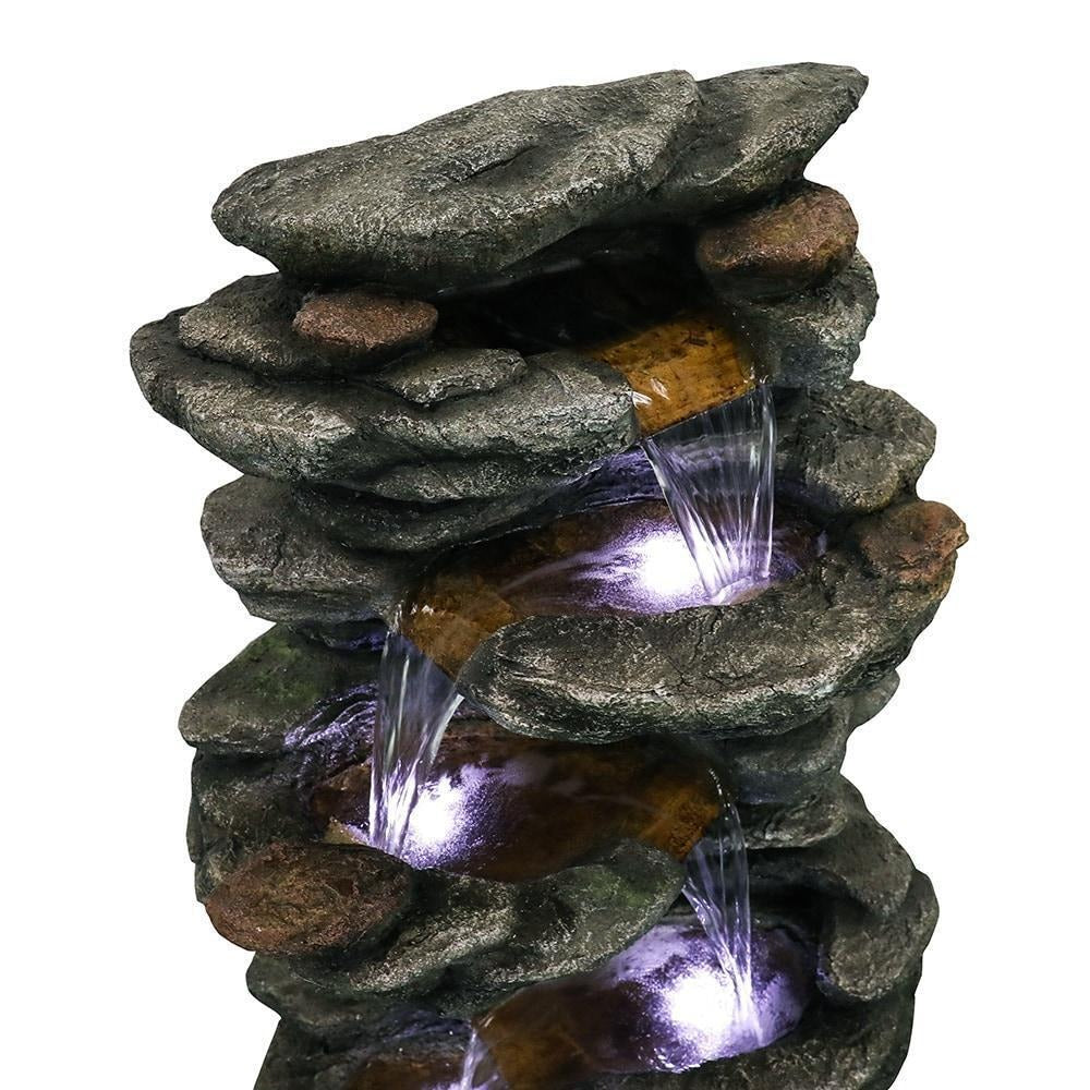 Serene 6-Tier Rock Cascading Water Fountain For Backyard Decor: LED Lit, 40inT