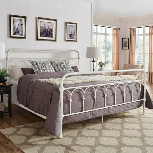 Classic Style Antique White Finish Casted Knot Metal Bed in KING Size