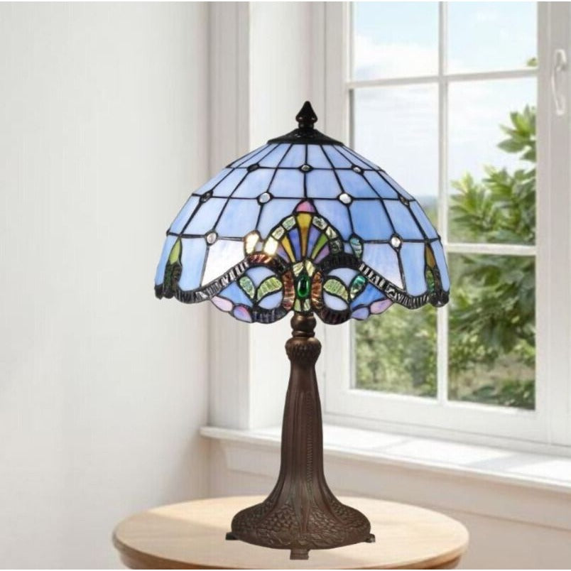 Tiffany Style Blue Baroque Stained Glass Table Lamp Vintage Copper Detail 18.5in