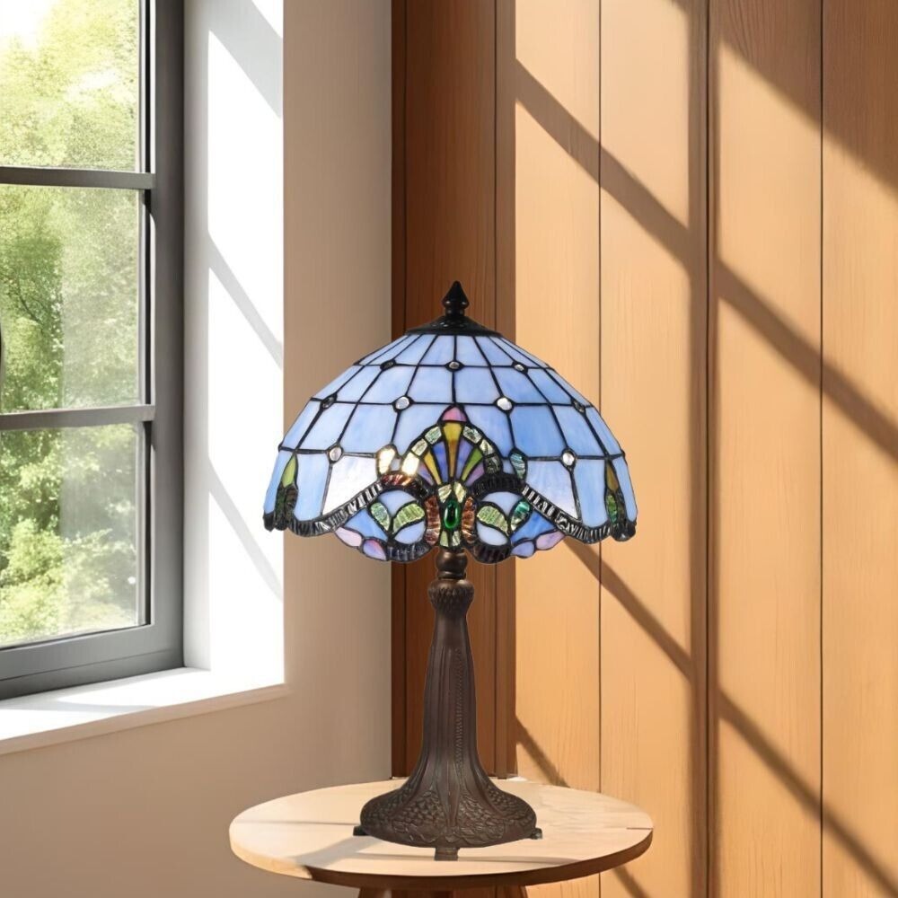 Tiffany Style Blue Baroque Stained Glass Table Lamp Vintage Copper Detail 18.5in