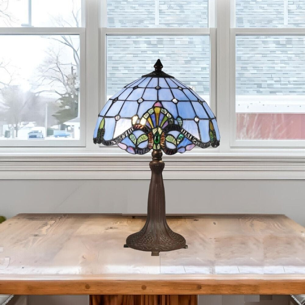 Tiffany Style Blue Baroque Stained Glass Table Lamp Vintage Copper Detail 18.5in