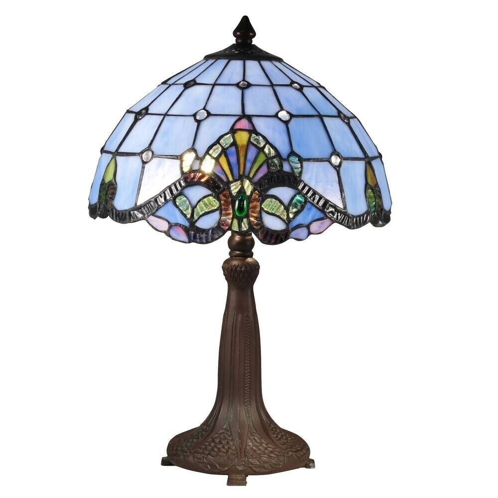 Tiffany Style Blue Baroque Stained Glass Table Lamp Vintage Copper Detail 18.5in