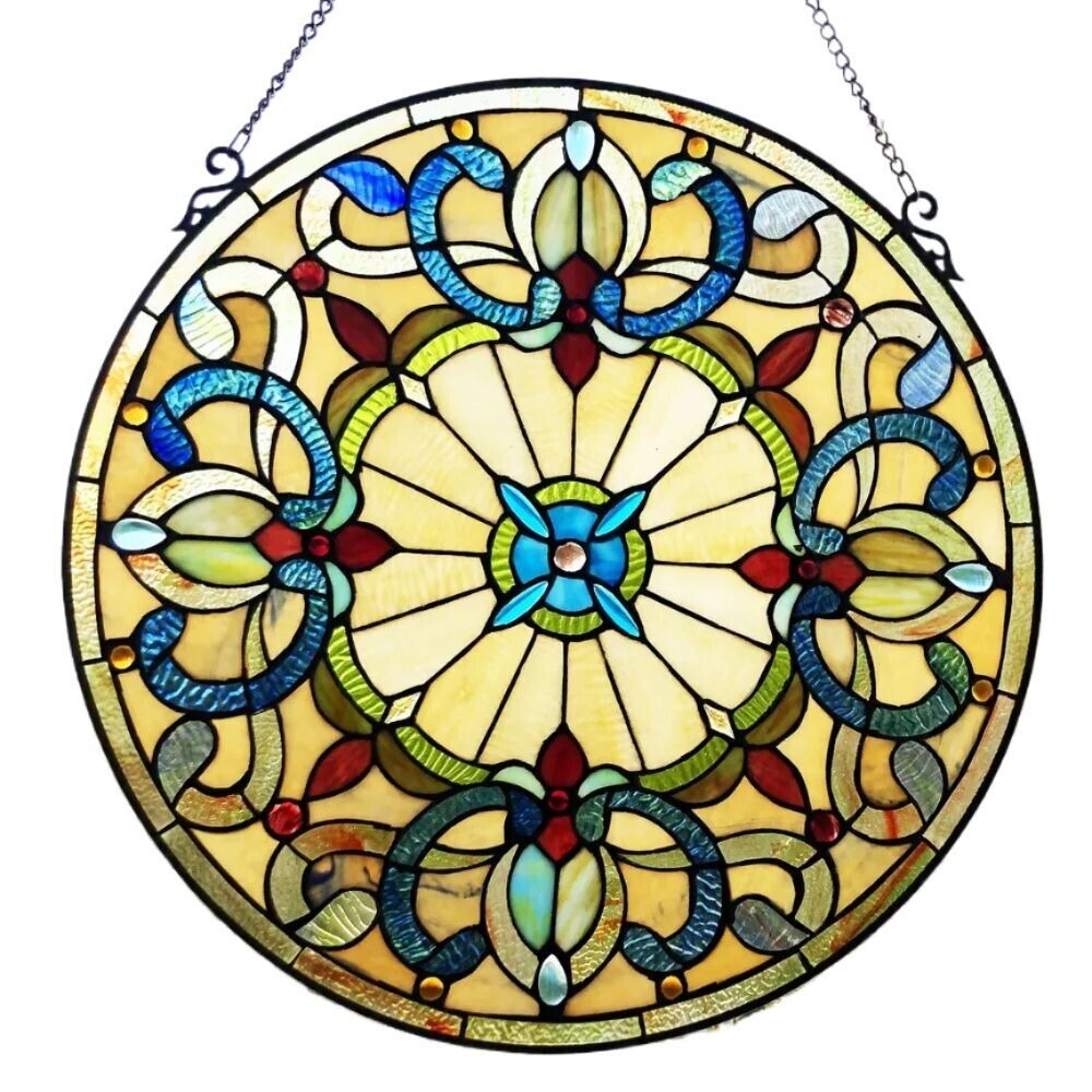 Shades of Amber Tiffany Style Victorian Design Round Window Panel 22in