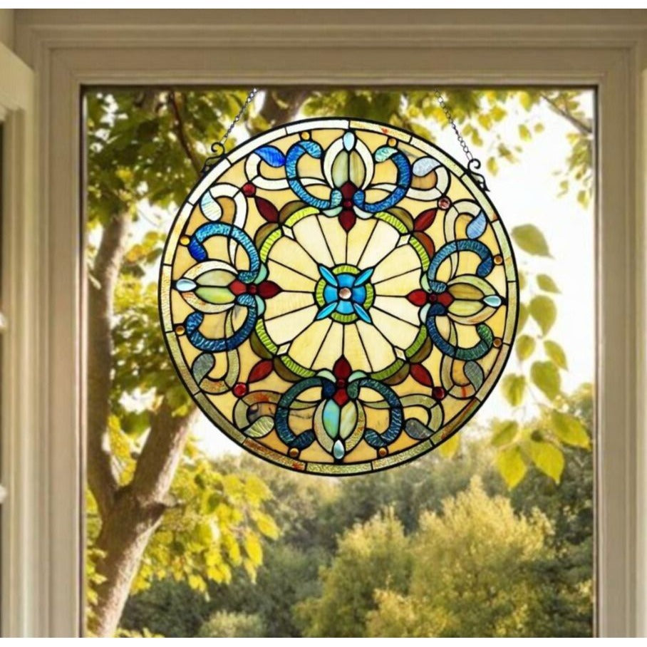 Shades of Amber Tiffany Style Victorian Design Round Window Panel 22in