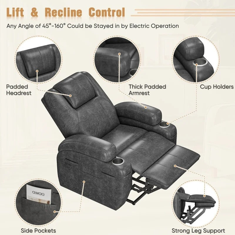 Power Lift Recliner Chair for Elderly with Heat / Massage and Cup Holder - Black
