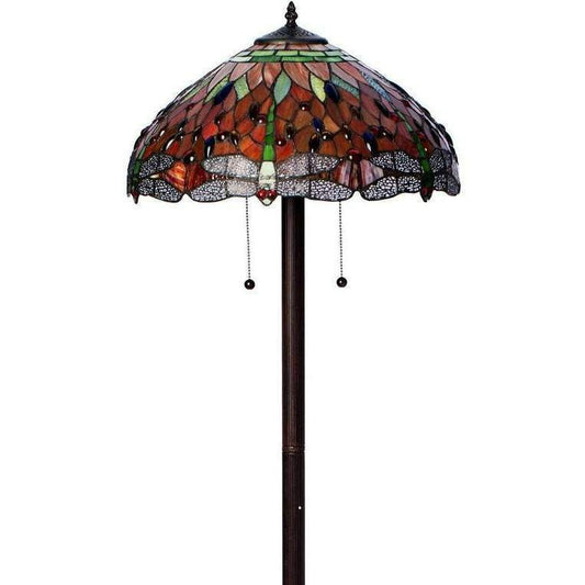 Maroon Red Traditional Jeweled Dragonfly Floor Lamp Tiffany Style Stained Glass