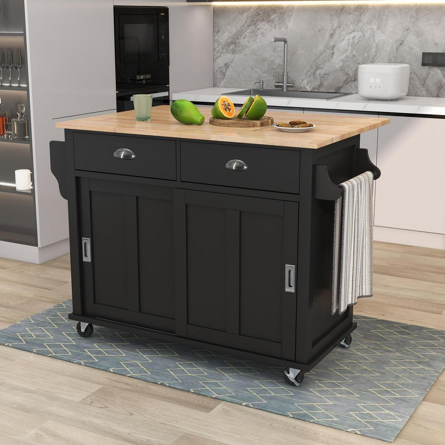 Stylish Drop Leaf Rolling Kitchen Island with Storage - in Black Finish