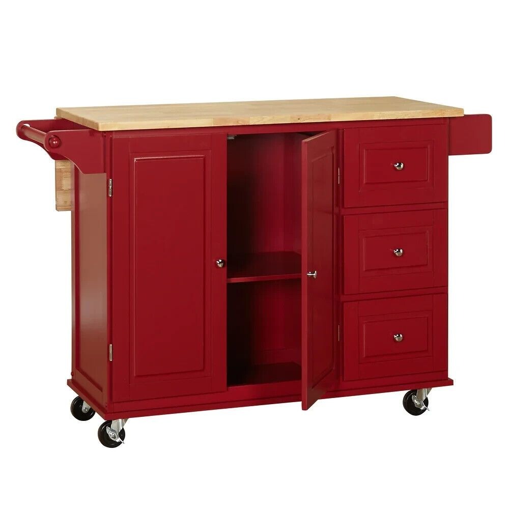 Red Kitchen Cart Rolling Island Cabinet  - Natural Finish Wood Top & Drop Leaf