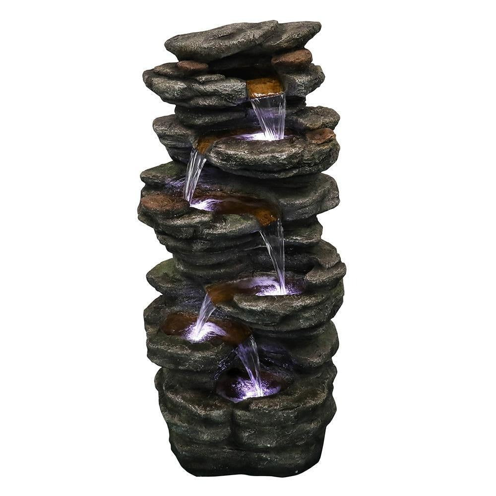 Serene 6-Tier Rock Cascading Water Fountain For Backyard Decor: LED Lit, 40inT